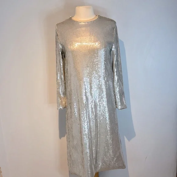 Zara silver sequin long sleeve midi dress size medium - Picture 3 of 14